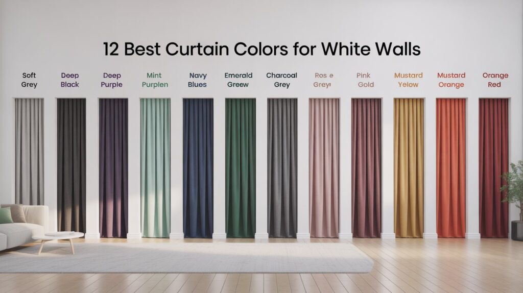 A modern room with a white wall displaying 12 curtain colors labeled: Soft Grey, Deep Black, Deep Purple, Mint Green, Navy Blue, Emerald Green, Charcoal Grey, Rose Gold, Pink, Mustard Yellow, Orange, and Red — visual guide to best curtain colors for white walls.