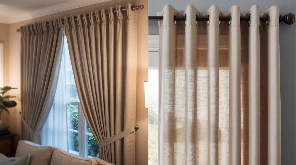 Side-by-side image showing back tab vs. rod pocket curtains hanging on curtain rods