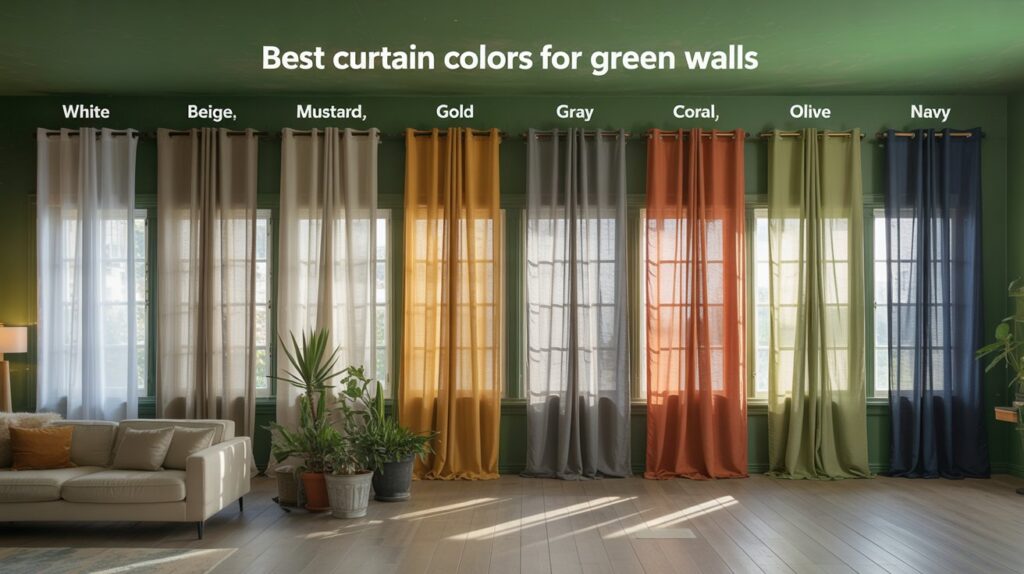 Best curtain colors for green walls, featuring white, beige, mustard, gold, gray, coral, olive, and navy curtains in a modern green living room.