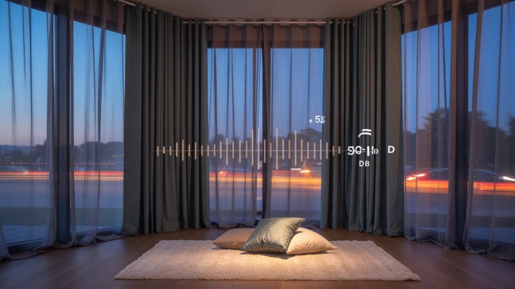 Cozy bedroom with thick blackout curtains reducing outside noise and enhancing room acoustics.