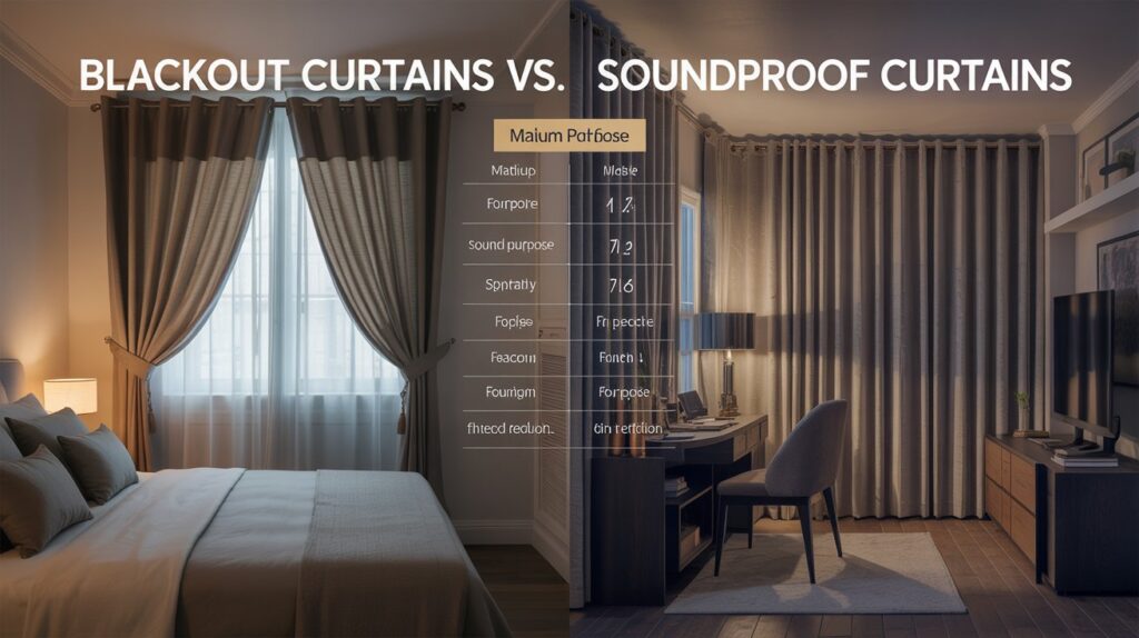 A side-by-side comparison of blackout curtains and soundproof curtains, showing their differences in a bedroom and home office setting with a comparison table in the middle.