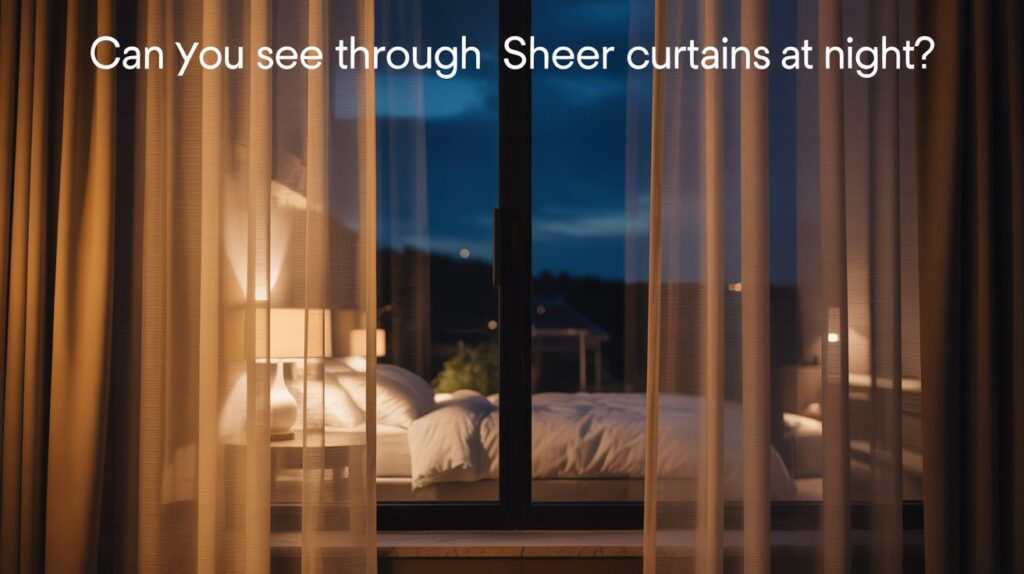 A warmly lit bedroom seen through sheer curtains at night, illustrating how visibility changes after dark.