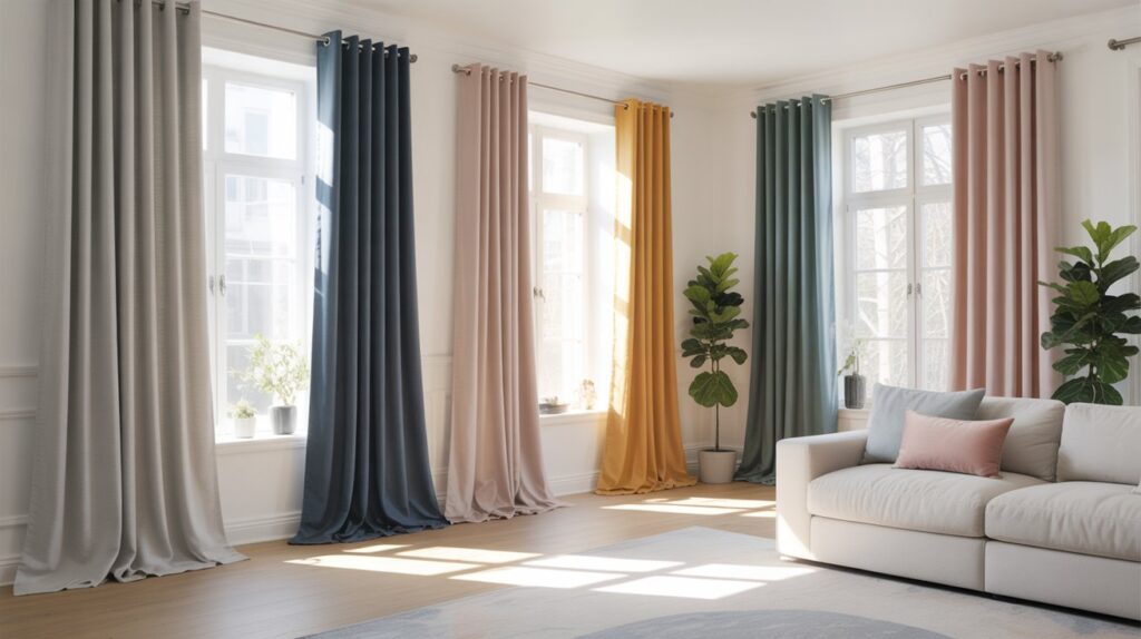 Colorful curtain ideas for white walls in a bright, modern living room with Scandinavian interior design.