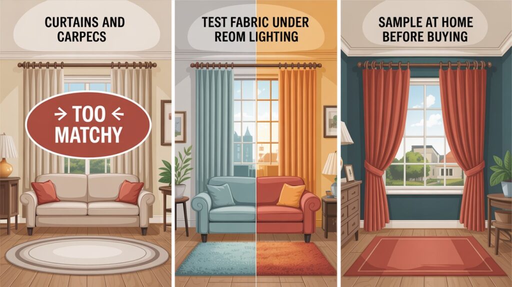 “Infographic showing three common curtain and carpet mistakes: over-matching colors, ignoring real room lighting, and not testing samples at home before buying.”
