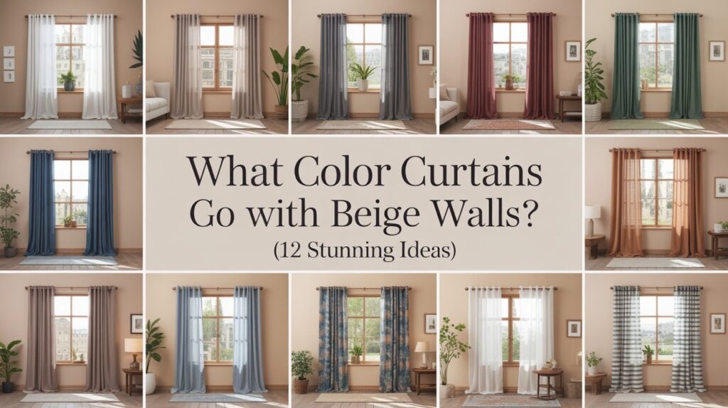 A collage of 12 different curtain colours, including white, grey, navy, green, and terracotta, showing what colour curtains go with beige walls in various room styles.