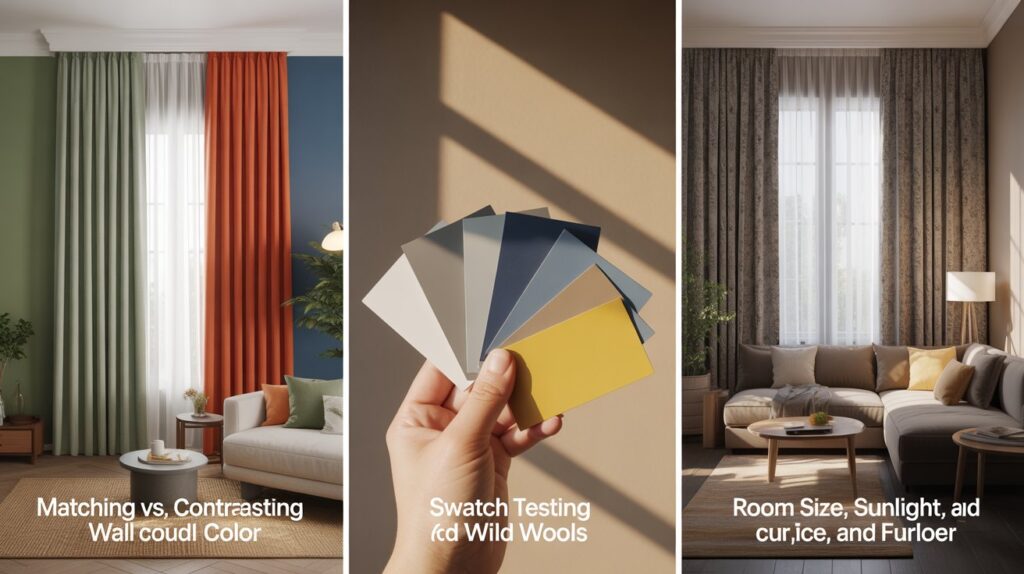 Three-panel visual guide showing curtain colour tips — the left panel features matching vs contrasting curtains with green and orange on coloured walls, the centre panel shows a hand holding curtain colour swatches under natural light, and the right panel displays a cosy living room with textured dark curtains, illustrating room size and sunlight impact.