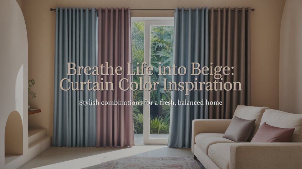 Modern living room with beige walls and a stylish combination of blue, mauve, and brown curtains—perfect curtain color ideas for beige walls.