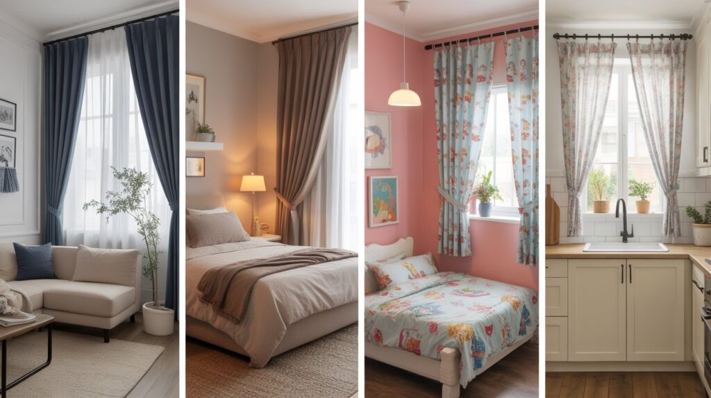 Various curtain designs for living room, bedroom, kids' room, and kitchen interior setups