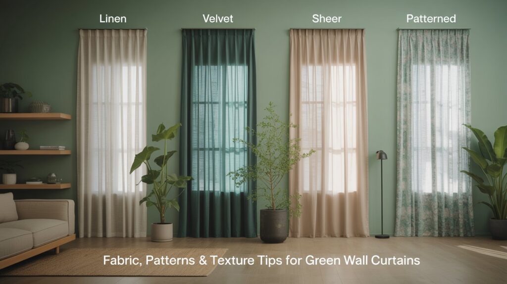 Fabric options for curtains with green walls—linen, velvet, sheer, and patterned styles in a modern living room.