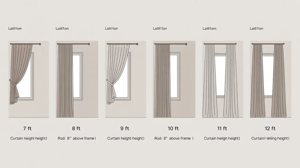 Illustrated curtain height guide showing optimal rod and panel placement for 7-foot to 12-foot ceilings in modern window setups.