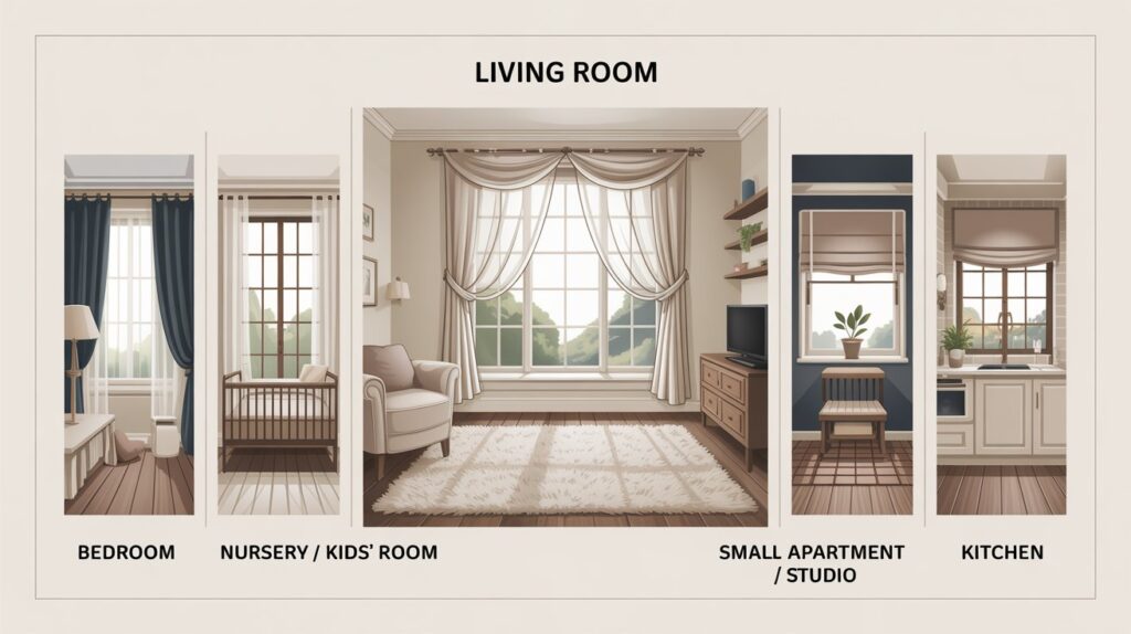 Infographic-style illustration showing curtain and rug ideas for different rooms: blackout curtains in a bedroom, sheer curtains in a nursery, layered drapes in a living room, minimal curtains in a small studio, and short café-style curtains in a kitchen.
