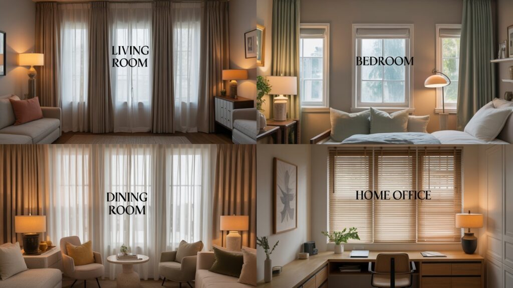 Examples of curtain ideas for three windows side by side in different rooms like the living room, bedroom, dining area, and home office