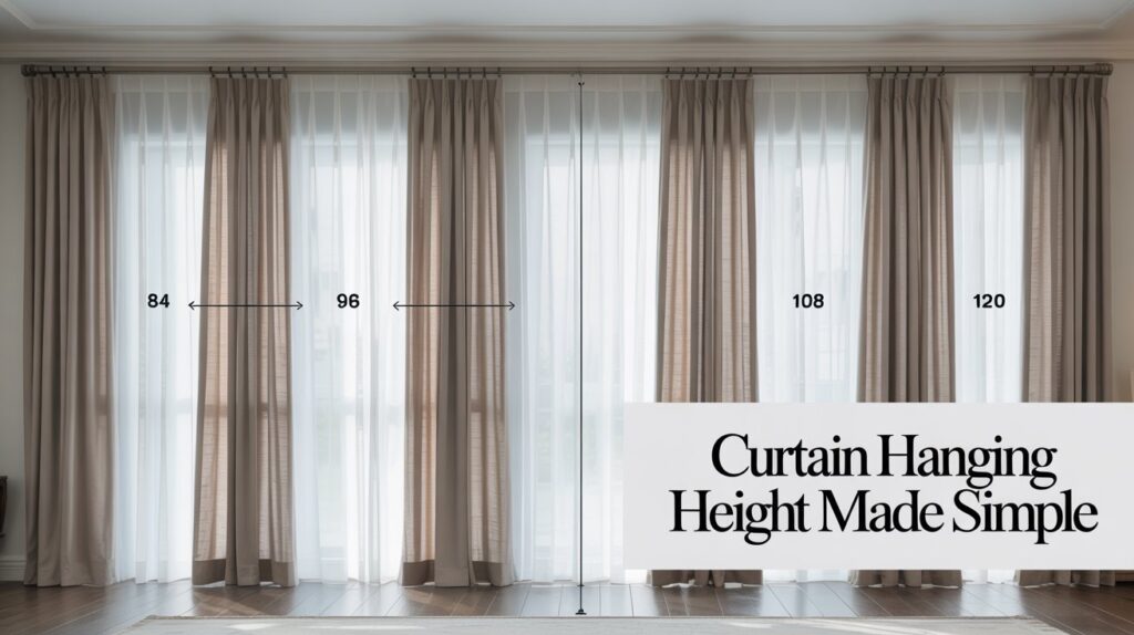 A visual comparison of curtain panel lengths, including 84, 96, 108, and 120 inches, demonstrating proper curtain height alignment for modern interiors.