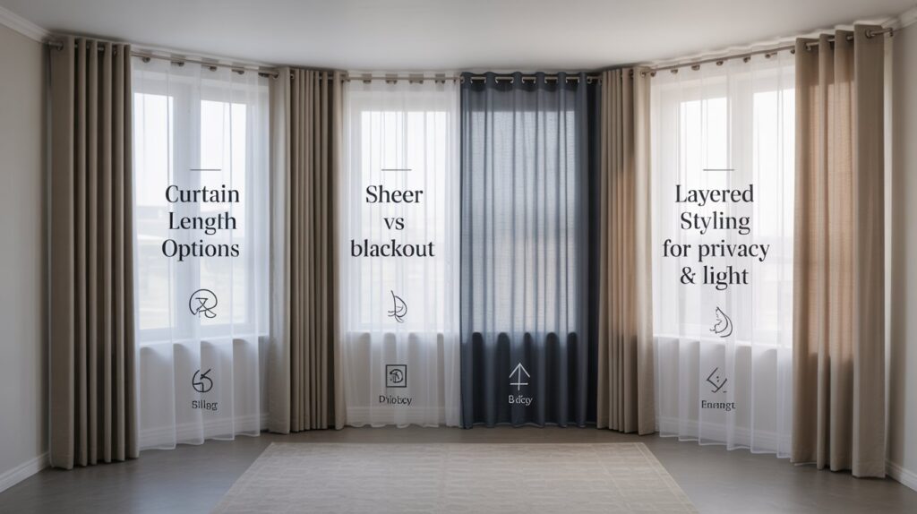 Modern bay window featuring curtain-length styles, sheer vs. dark drape alternatives, plus multi-layer curtain designs for balanced privacy and light.