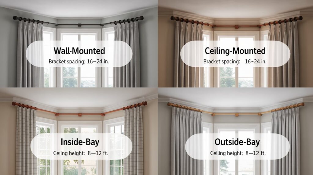 Four bay window curtain rod mounting options—wall-mounted, ceiling-mounted, inside-bay, and outside-bay—with bracket spacing and ceiling height details.
