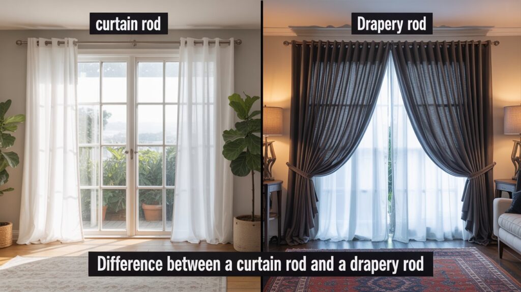 Side-by-side image comparison showing curtain vs drapery rod: the left side features light sheer curtains on a simple curtain rod, while the right side displays heavy pleated drapes on a decorative drapery rod in a classic interior.