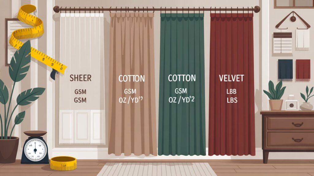 An infographic showing sheer, cotton, and velvet curtains with weight units in GSM, oz/yd², and lbs, along with measuring tools and fabric swatches.