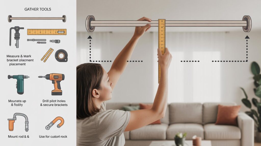 Step-by-step guide showing DIY curtain rod installation, including tools, bracket placement, pilot hole drilling, and final alignment check.