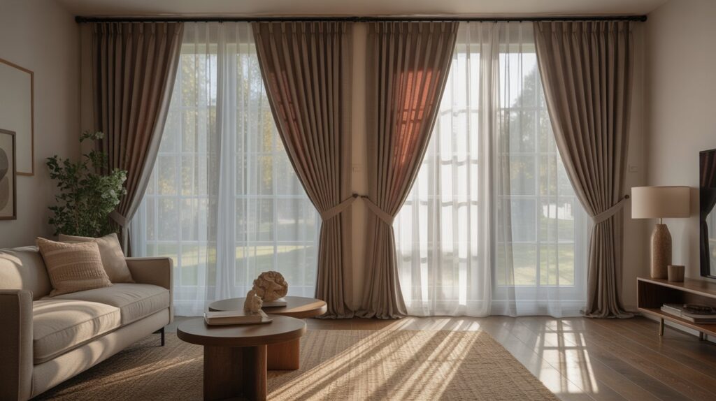 Elegant living room with large windows dressed in double-panel curtains, sheer white layers behind taupe drapes, a cozy sofa, coffee tables, and natural sunlight streaming i