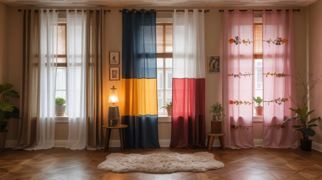 Eclectic curtain styles with layered fabric panels in beige, navy, mustard, burgundy, and floral pink across three windows in a cozy modern living room.