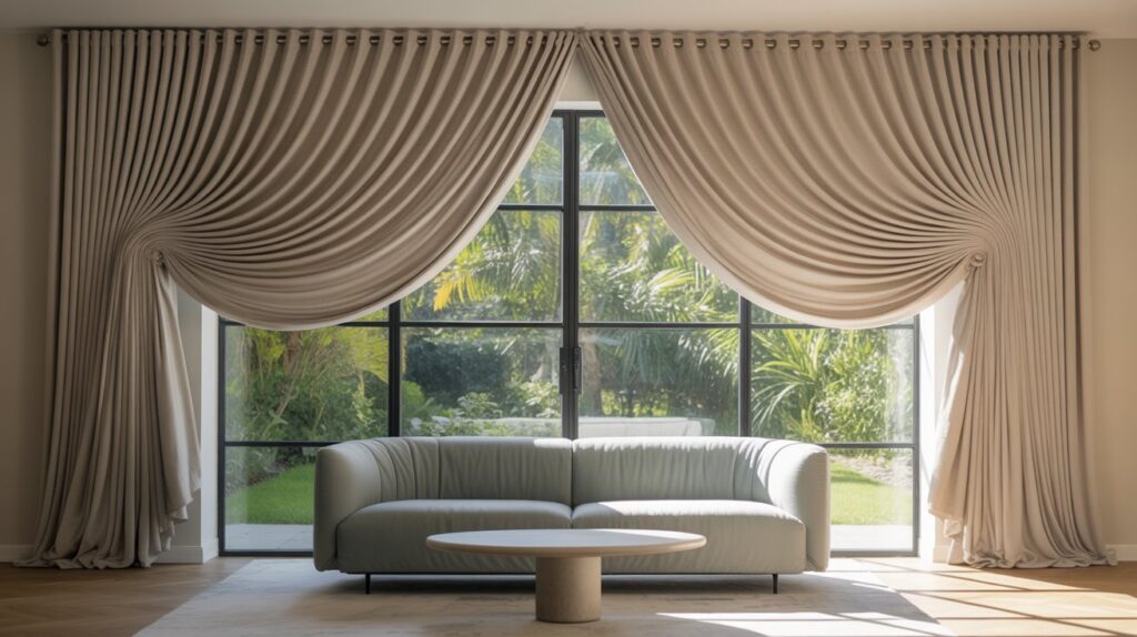 Elegant ripple fold drapery in a modern living room with soft, symmetrical curves and a scenic outdoor view through large glass windows.