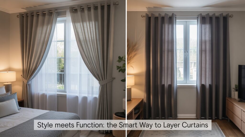 Layered curtains in a modern bedroom showing a sheer and blackout curtain combination for style and function.