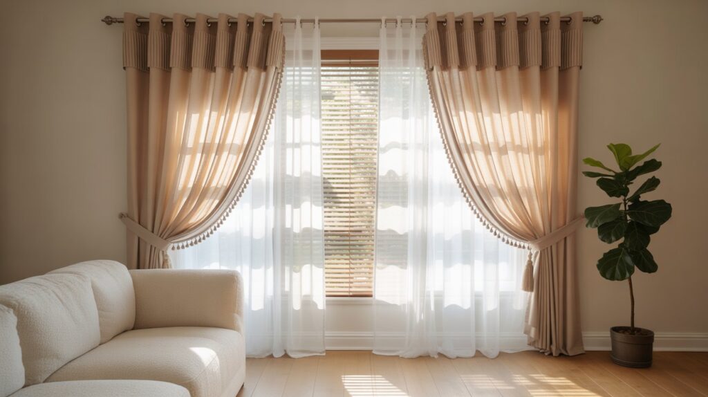 Bright living room with elegant side panel curtains layered over sheer white curtains, featuring tiebacks and a modern cozy sofa.