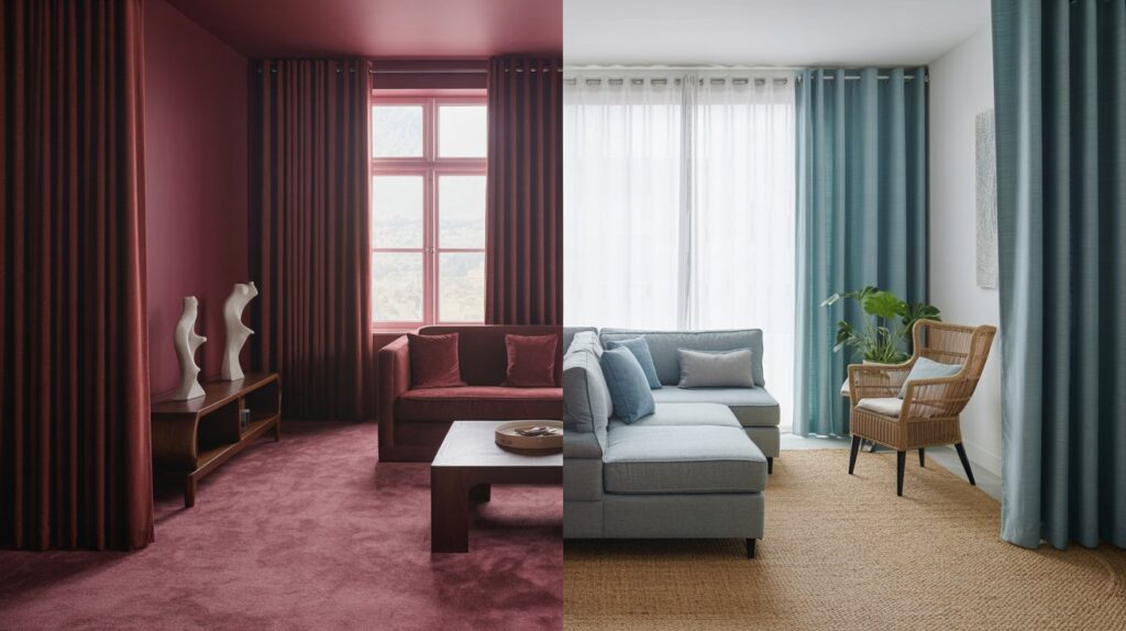Split-view living room showing the difference between matching curtains and carpet in burgundy tones on one side and coordinating light blue curtains with a neutral carpet on the other.