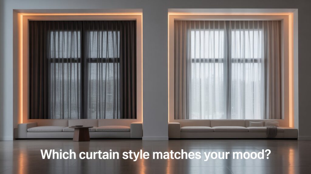 Modern curtain styles feature blackout and sheer curtains side by side in a contemporary living space for mood and light control.
