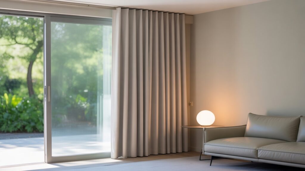 Modern minimalist living room featuring floor-to-ceiling beige curtains, a sliding glass door with a garden view, a light grey leather sofa, and a glowing spherical table lamp.