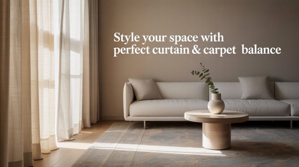 This image depicts a modern living room featuring soft beige curtains and a stylish carpet, effectively addressing the question of whether curtains should match the carpet for cohesive decor.