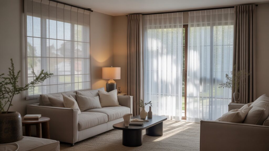 A modern living room showing side-by-side windows, one styled with a single curtain panel and the other with two, highlighting the choice between one curtain panel or two.