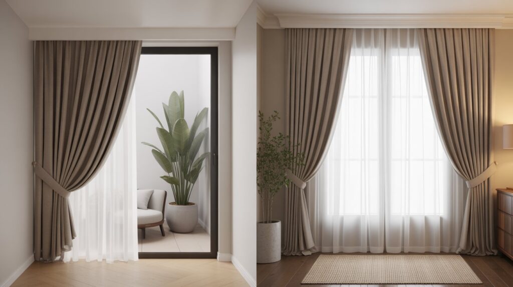Interior comparison of one-panel vs. two-panel curtains, showing a single curtain panel on a patio door and double curtain panels on a large window with sheer layers.