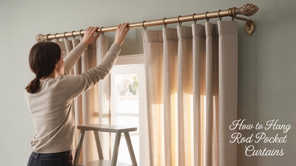 A person hanging rod pocket curtains on a decorative curtain rod in a softly lit modern room, using a step stool. The curtain fabric is light and wrinkle-free, and the wall brackets are already installed. Sunlight filters gently through the fabric, highlighting its folds.