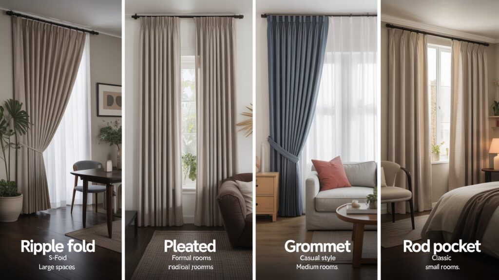 A side-by-side visual comparison of ripple fold curtains, pleated curtains, grommet curtains, and rod pocket curtains in different room settings, showing their style and best usage.