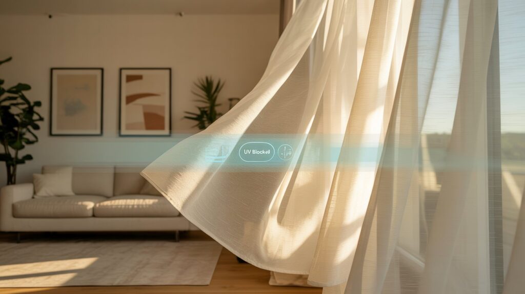 Sheer curtains blocking UV rays in a sunlit modern living room with soft daylight filtering through
