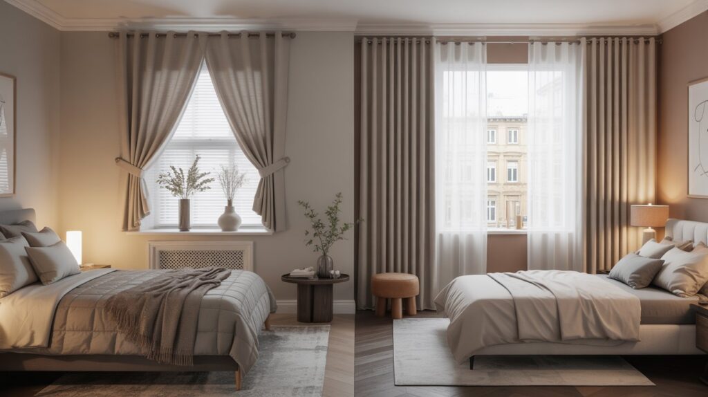 A modern bedroom showcasing short curtains vs. long curtains to highlight the visual impact and styling differences in contemporary interior design.