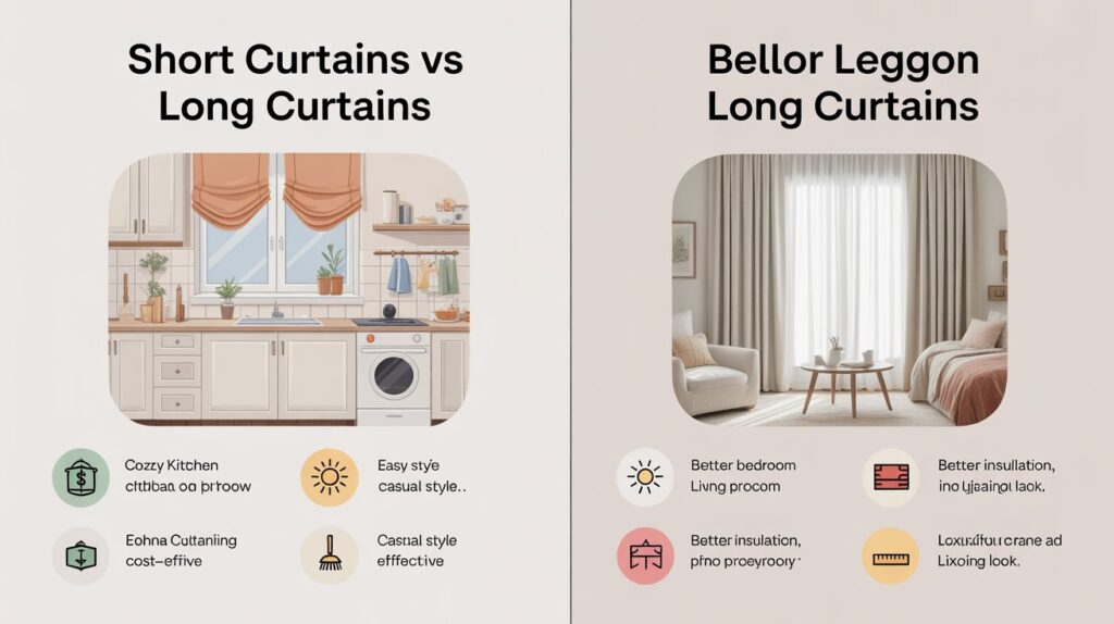 Infographic comparing short curtains and long curtains with illustrated kitchen and bedroom visuals, highlighting pros like cost-effectiveness and insulation benefits
