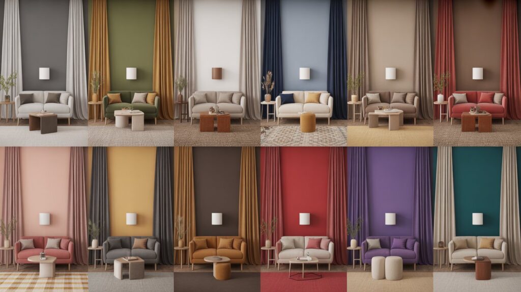 A visual guide showing twelve smart curtain and wall color matching ideas in a modern living room, featuring combinations like gray and white, mustard and green, pink and blush, red along with beige and purple, lavender with teal, and cream accents.