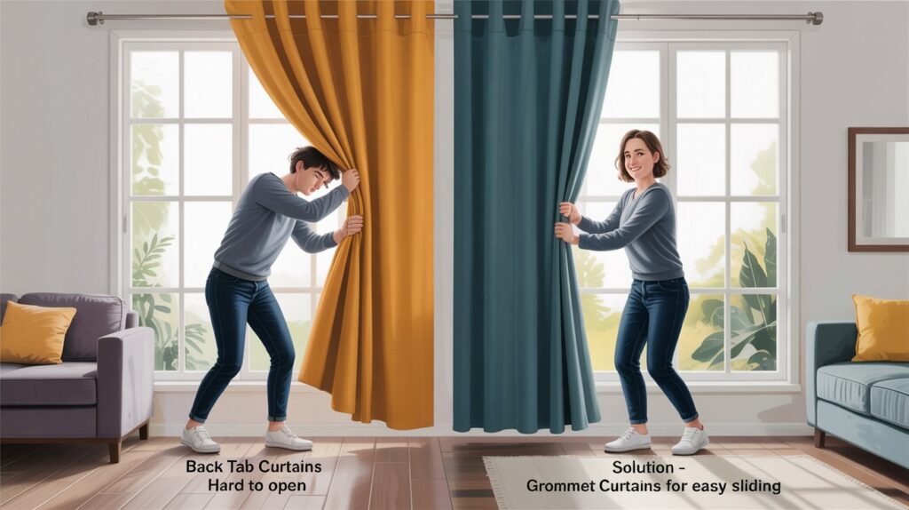 A realistic split-scene illustration showing a person struggling to open mustard yellow back tab curtains on the left side, labeled “Back Tab Curtains—Hard to Open,” and the same person happily sliding teal grommet curtains with ease on the right side, labeled “Solution—Grommet Curtains for Easy Sliding.” The room is cozy, modern, and filled with soft natural light.