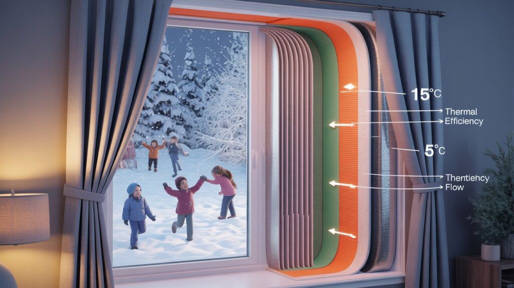 Cutaway view of insulated window curtains showing thermal efficiency and heat flow