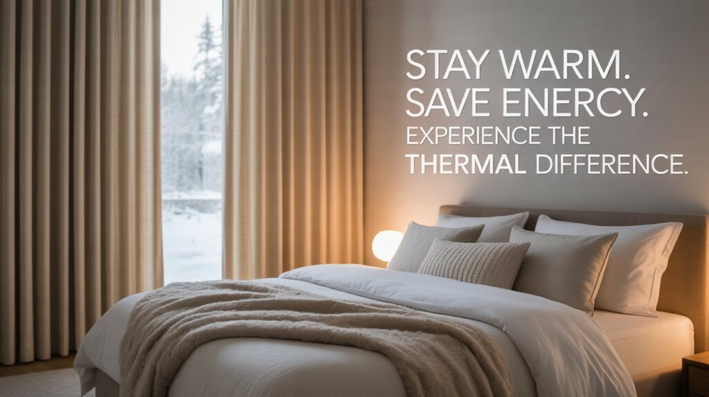 Cozy bedroom with thermal insulated curtains designed for energy saving and winter warmth.