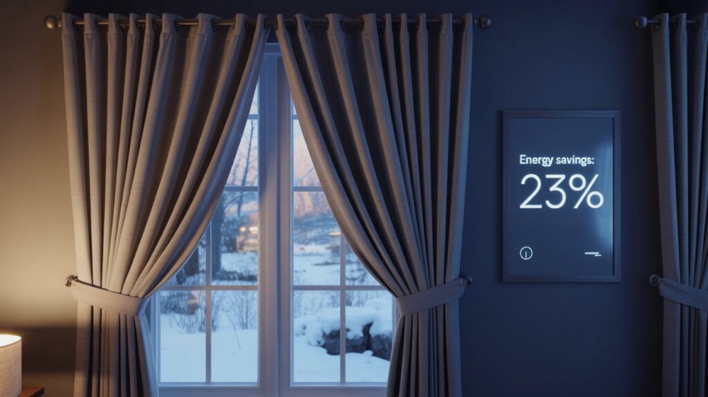 Thermal insulated curtains saving energy in a cozy winter home