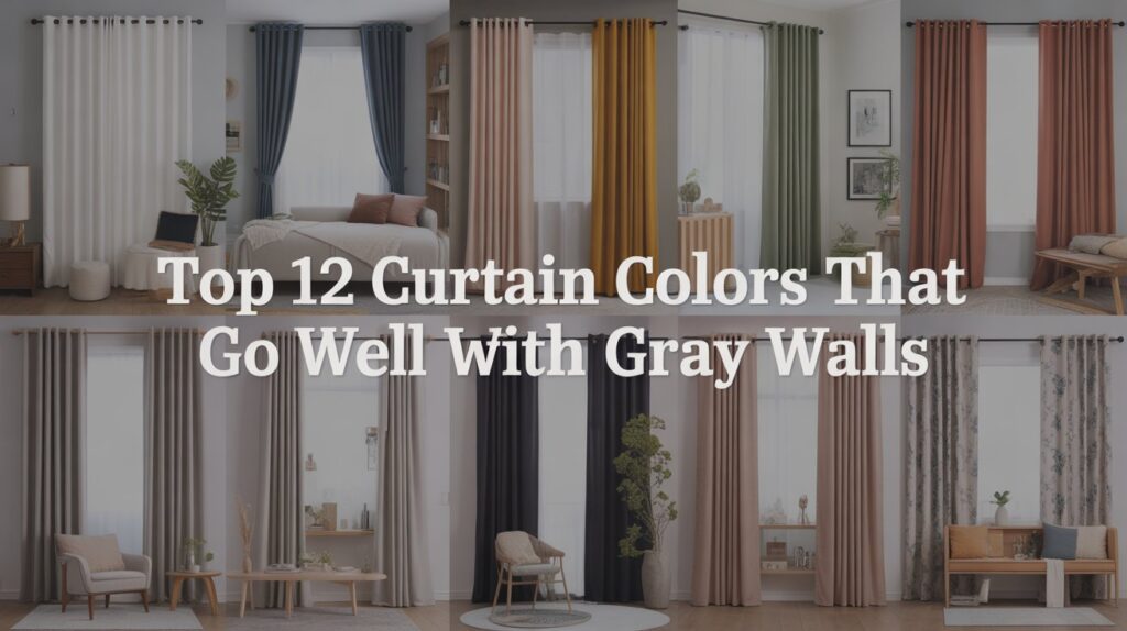 A high-resolution collage showing 12 curtain color ideas—white, navy, blush, mustard, green, charcoal, beige, dusty rose, pastel blue, and patterned—paired with gray walls in modern interiors.