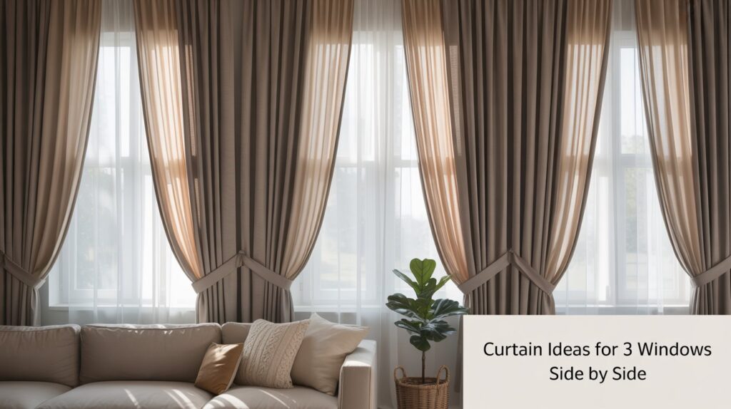 Elegant curtain setup for triple windows showcasing beige drapes with tiebacks layered over sheer panels in a warm and inviting living space.