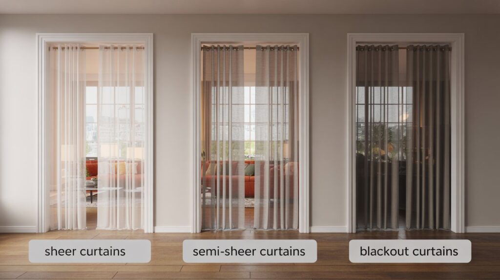 Visibility comparison between sheer, semi-sheer, and blackout curtains showing light and privacy levels side by side