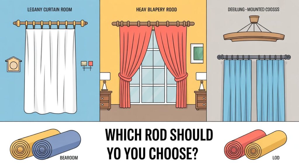 An infographic titled "Which Rod Should You Choose" showing three different rod styles: a basic curtain rod for casual rooms, a heavy drapery rod for formal settings, and a ceiling-mounted rod for modern interiors. Includes labeled fabric types and room suggestions.