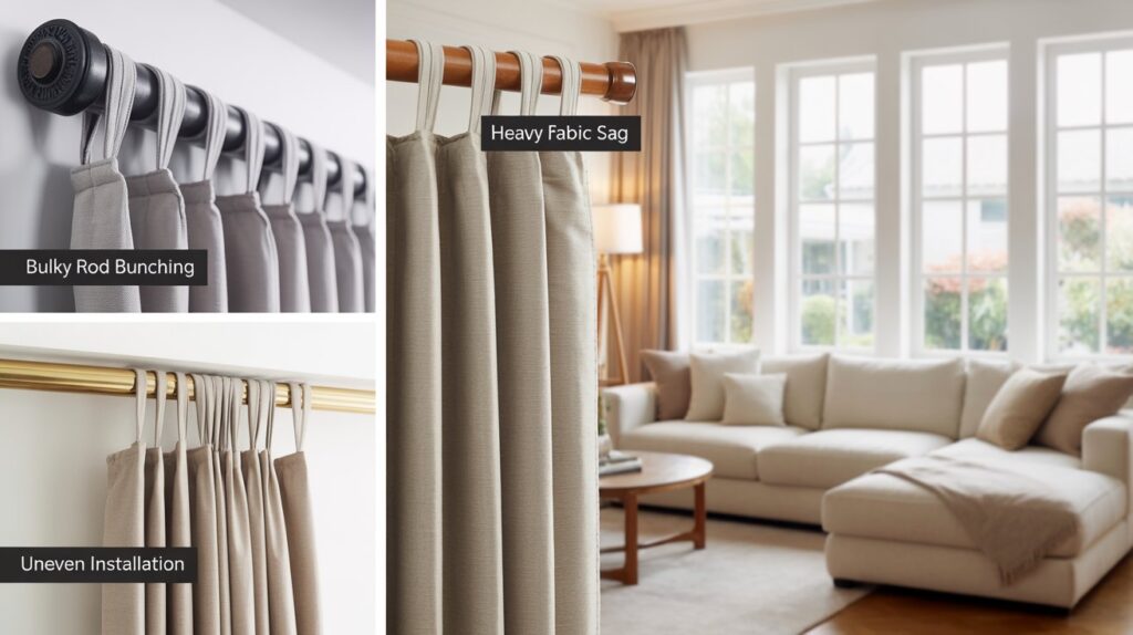 Photo collage showing common back tab curtain installation mistakes: bulky rod causing fabric bunching, heavy curtains sagging from lack of support, and uneven hanging due to poor measurement, with a modern living room in the background.