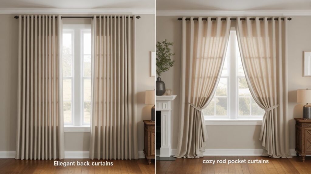 Side-by-side view of elegant back tab curtains and cozy rod pocket curtains in a modern living room with neutral tones and hardwood flooring, showing pleated vs. gathered styles.