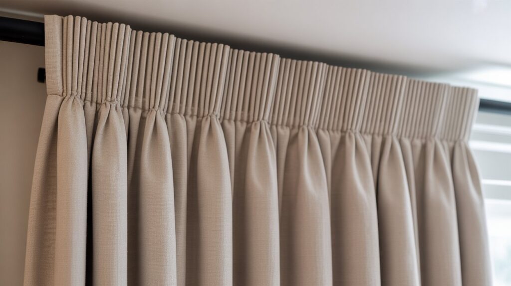 Pencil pleat curtains in a soft beige fabric neatly hung on a curtain rod, featuring gathered pleats with header tape in a modern living room setting.